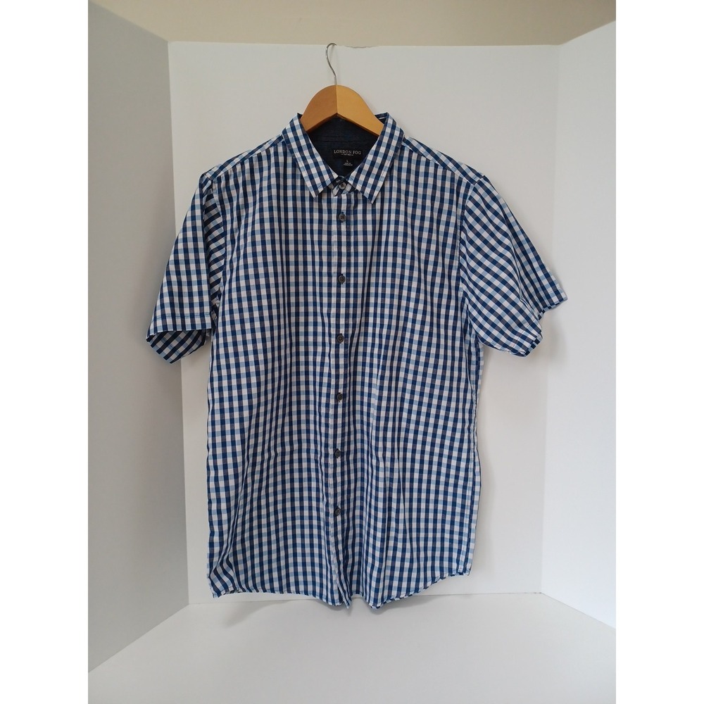 London Fog Button-Up‎ Shirt Men's L Short Sleeve Navy White Check